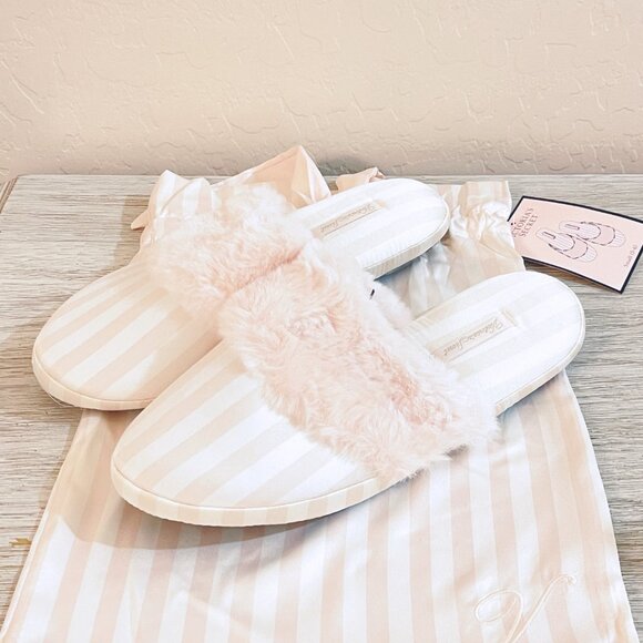 New Victoria's Secret Slippers Small 5 6 Pink White Stripe Satin Faux Fur NWT - Picture 1 of 14